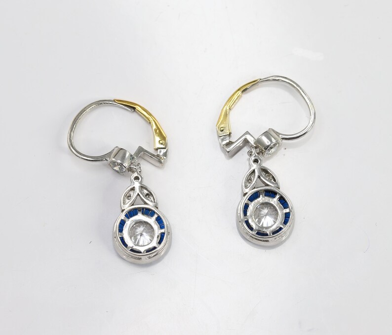 Vintage Art Deco Earrings, Floral Halo Earrings, Lever Back Earrings, Blue Sapphire Earrings, Antique Earrings, 14K Gold over Earrings