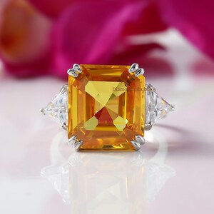 Huge Yellow Radiant Cut Diamond Ring, Three Stone Ring, Yellow Diamond Ring, Cocktail Party Wear Ring, 925 Silver Ring Anniversary Gift Ring