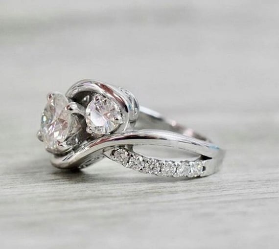 Three-Stone Bypass Diamond Ring, Swirl Diamond Ring, Twisted Ring, Round  Diamond Engagement Ring, Women's Wedding Ring, 14K White Gold Ring