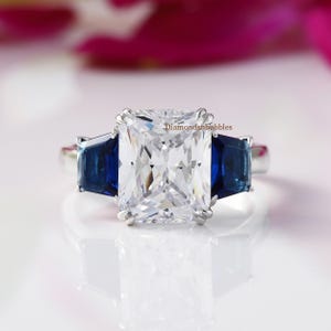 Triple Stone Ring 5 Ct Radiant & Trapezoid Diamond 3 Stone Ring Trapezoid Blue Sapphire Diamond Engagement Gold Past Present Future Ring