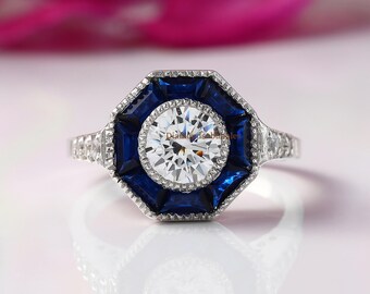 Antique Vintage 1.00 Carat Round Rose Cut Diamond Engagement Ring, Art Deco-Sapphire Halo Ring, Vintage Milgrain Bezel Set 925 Silver Ring