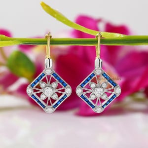 Blue Sapphire Diamond Earrings, Vintage Art Deco Latch Back Earring, Bezel Set Milgrain Earring, Floral Halo Dangle Earring Two Tone Earring