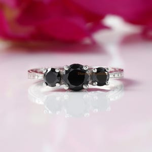 Three-Stone Black Moissanite Ring, Vintage Style Three-Stone Engagement Ring, Three-Stone Wedding Ring, 14K Solid Gold Black Diamond Ring