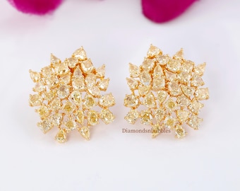 Vintage Cluster Earrings, Yellow Moissanite Diamond Flower Design Multi Stone Stud Earrings, Push Back Wedding 925 Silver Cocktail Earring