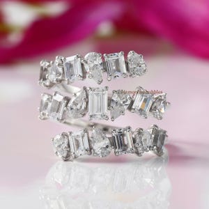 Multi-stone Spiral Ring, Double Row Wrap Around Ring, Pear & Emerald Moissanite Spiral Ring, Spiral Eternity Ring For Women, Adjustable Ring
