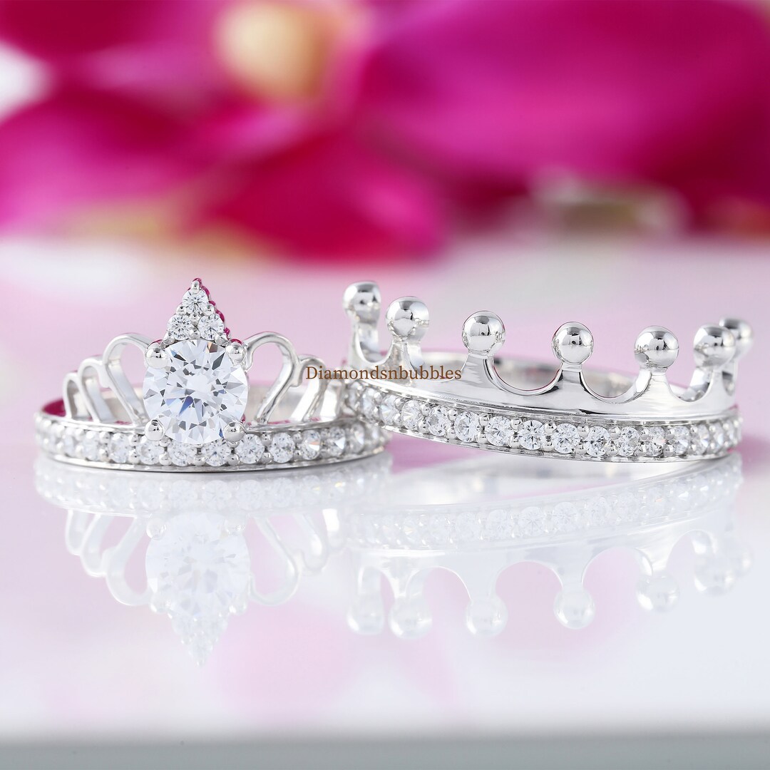 King & Queen Ring, Crown Couple Ring, Round Moissanite