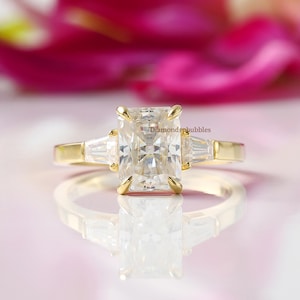 2.5CT Trilogy Radiant & Baguette Cut Moissanite Engagement Ring, Three Stone Ring, Side Tapered Baguette Ring 14K Gold Anniversary Gift Ring