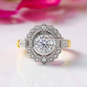 Vintage Engagement Ring For Women / Art Deco Style Ring / Art Deco Antique Ring / Estate Ring / Bezel Set Silver Ring / 925 Two-Tone Ring