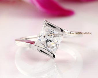 Tension Set Ring, Swirl Bypass Diamond Ring, 2.00 CT Princess Cut Moissanite Engagement Wedding Ring, 10K/14K/18K White Gold Princess Ring