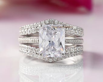 Enhancer Trio Bridal Ring Set, Enhancer Wrap Wedding Band Radiant & Round Moissanite Engagement Ring Set, 14K Solitaire With Accent Ring Set