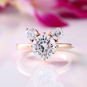 Three Stone Ring, Mouse Engagement Ring, Wedding Ring, Round Cut White Diamond Ring, Promise Ring, Gift For Her, 10K Rose Gold Mouse Ring