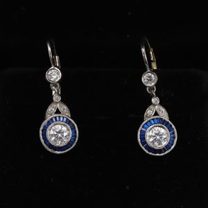 Vintage Art Deco Earrings, Floral Halo Earrings, Lever Back Earrings, Blue Sapphire Earrings, Antique Earrings, 14K Gold over Earrings