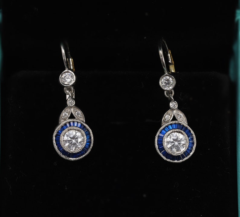 Vintage Art Deco Earrings, Floral Halo Earrings, Lever Back Earrings, Blue Sapphire Earrings, Antique Earrings, 14K Gold over Earrings