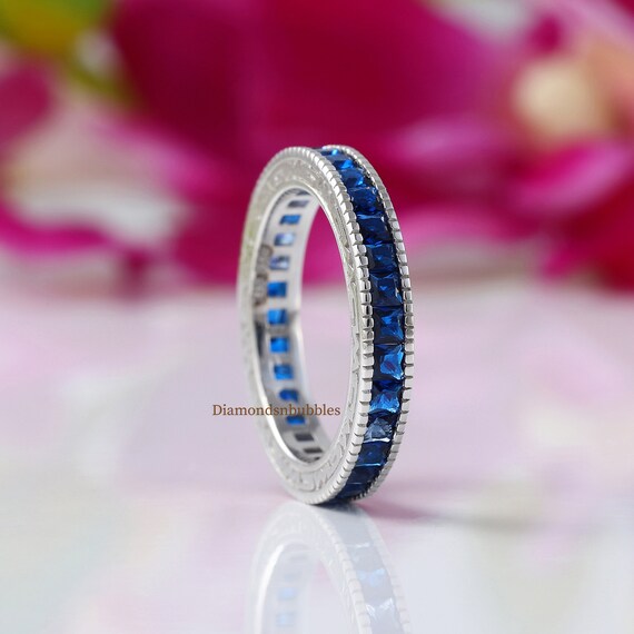 14k White Gold Blue Sapphire Milgrain Channel Set Anniversary Band 14k White Gold Blue Sapphire Milgrain Channel Set Anniversary Band