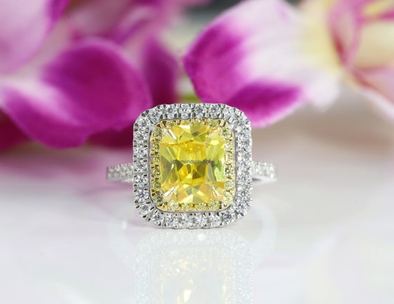 Canary Yellow Diamond Ring 2.5 Carat Radiant Cut Canary Yellow Diamond Engagement Ring Double Halo Wedding Ring Solid 14K White Gold Ring Etsy