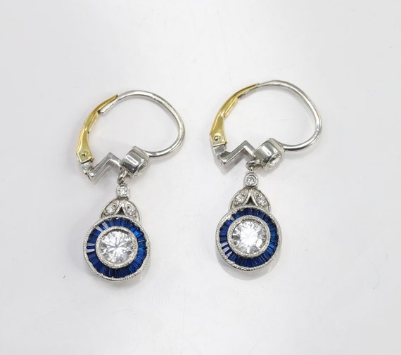 Vintage Art Deco Earrings, Floral Halo Earrings, Lever Back Earrings, Blue Sapphire Earrings, Antique Earrings, 14K Gold over Earrings
