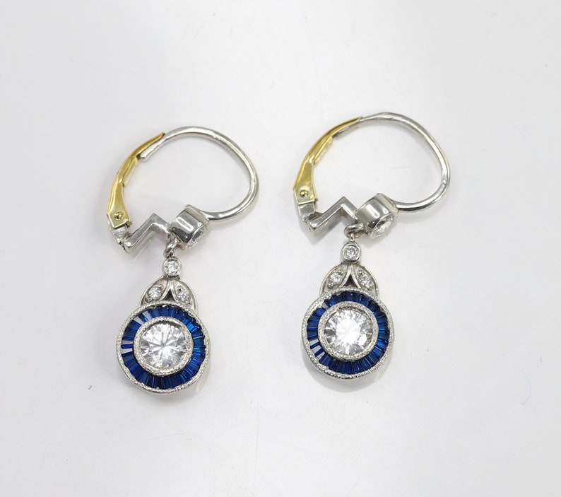 Vintage Art Deco Earrings, Floral Halo Earrings, Lever Back Earrings, Blue Sapphire Earrings, Antique Earrings, 14K Gold over Earrings