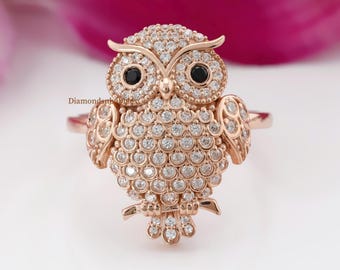 Antique OWL Diamond Ring, Nature Inspired Owl Lover Bird Ring, Flat Owl Diamond Ring, Unique Micro Pave Ring, Vintage Style Moissanite Ring