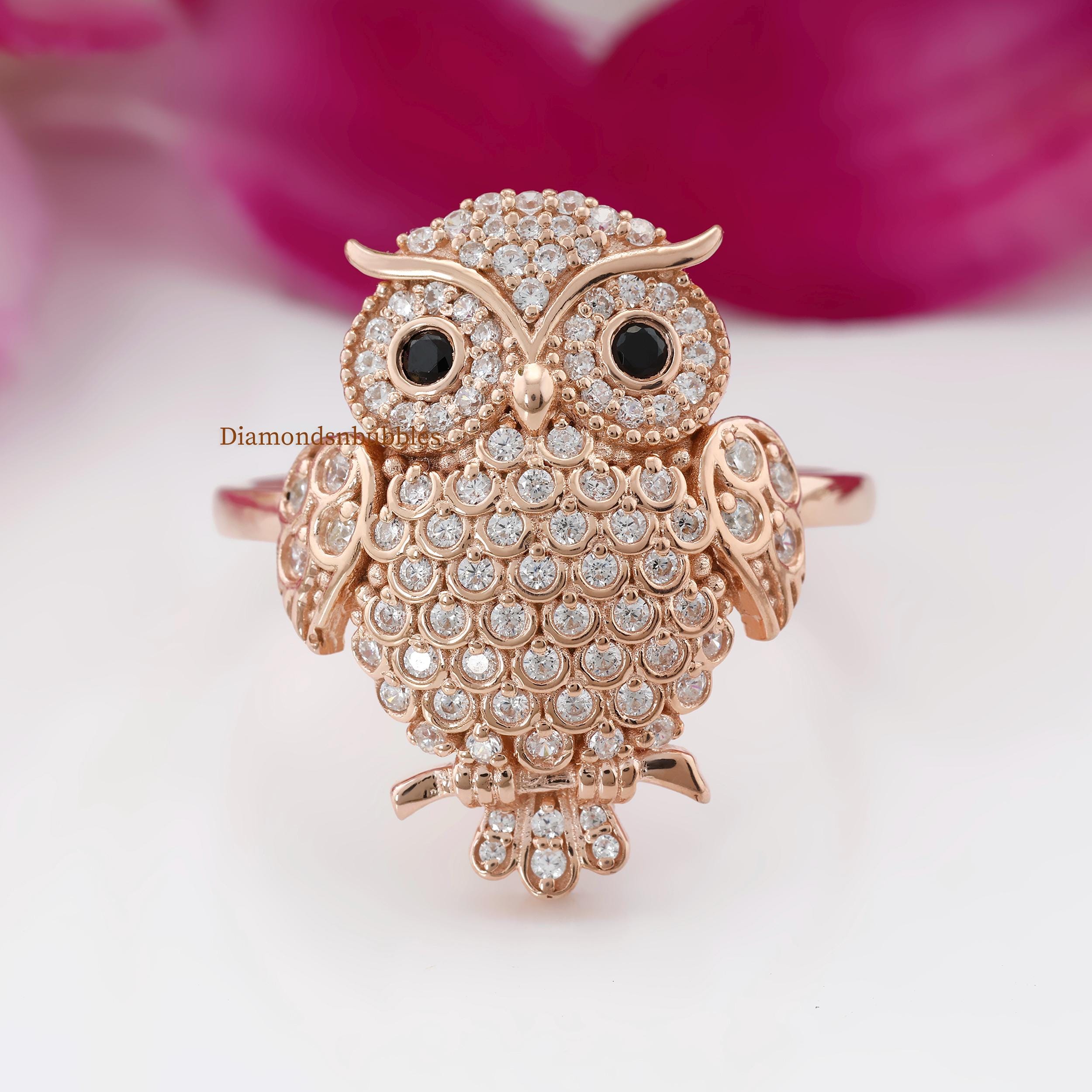 Antique OWL Diamond Ring, Nature Inspired Owl Lover Bird Ring, Flat Owl Diamond Ring, Unique Micro P