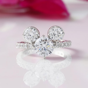 Mouse Ears Fairy Tale Ring, Minimalist Mouse Ring, Engagement Promise Wedding Ring Three Stone Solitaire With Accent Moissanite Promise Ring