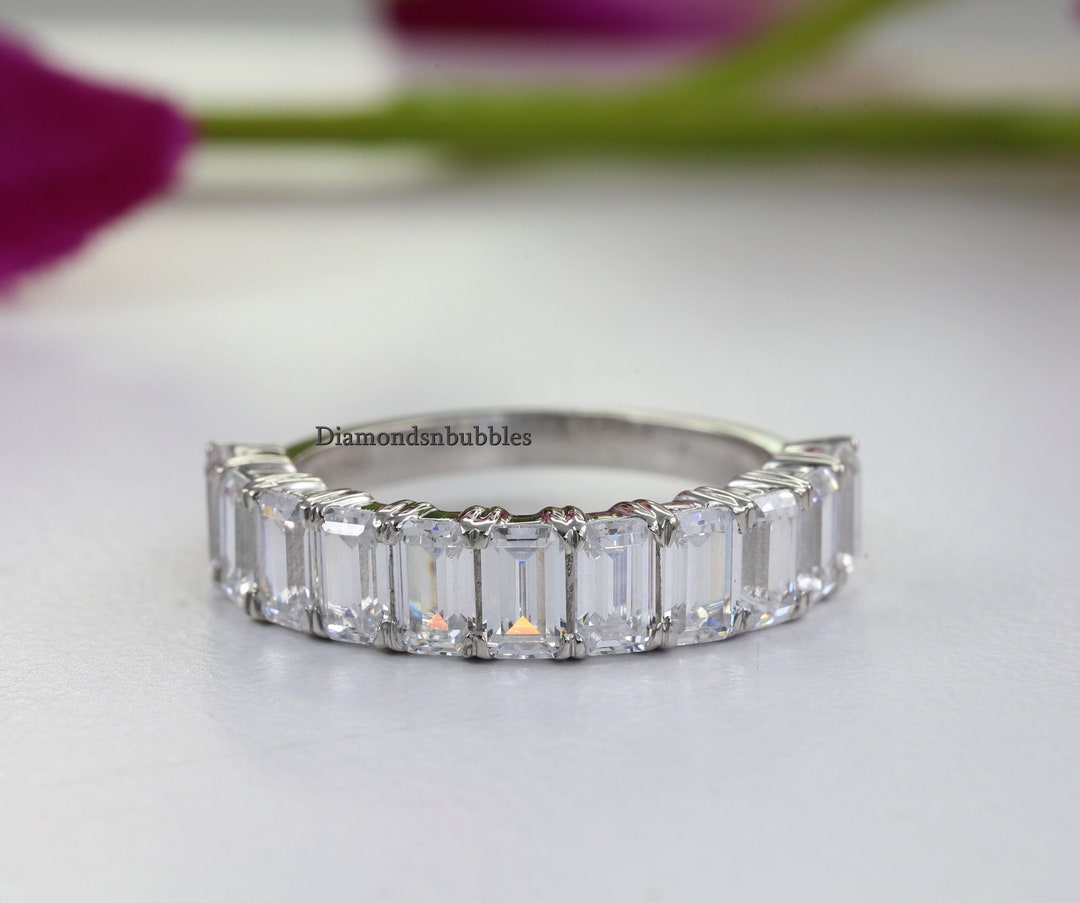 Emerald Cut Half Eternity Band, Emerald Half Eternity Ring, Emerald Cut Wedding Band, Emerald