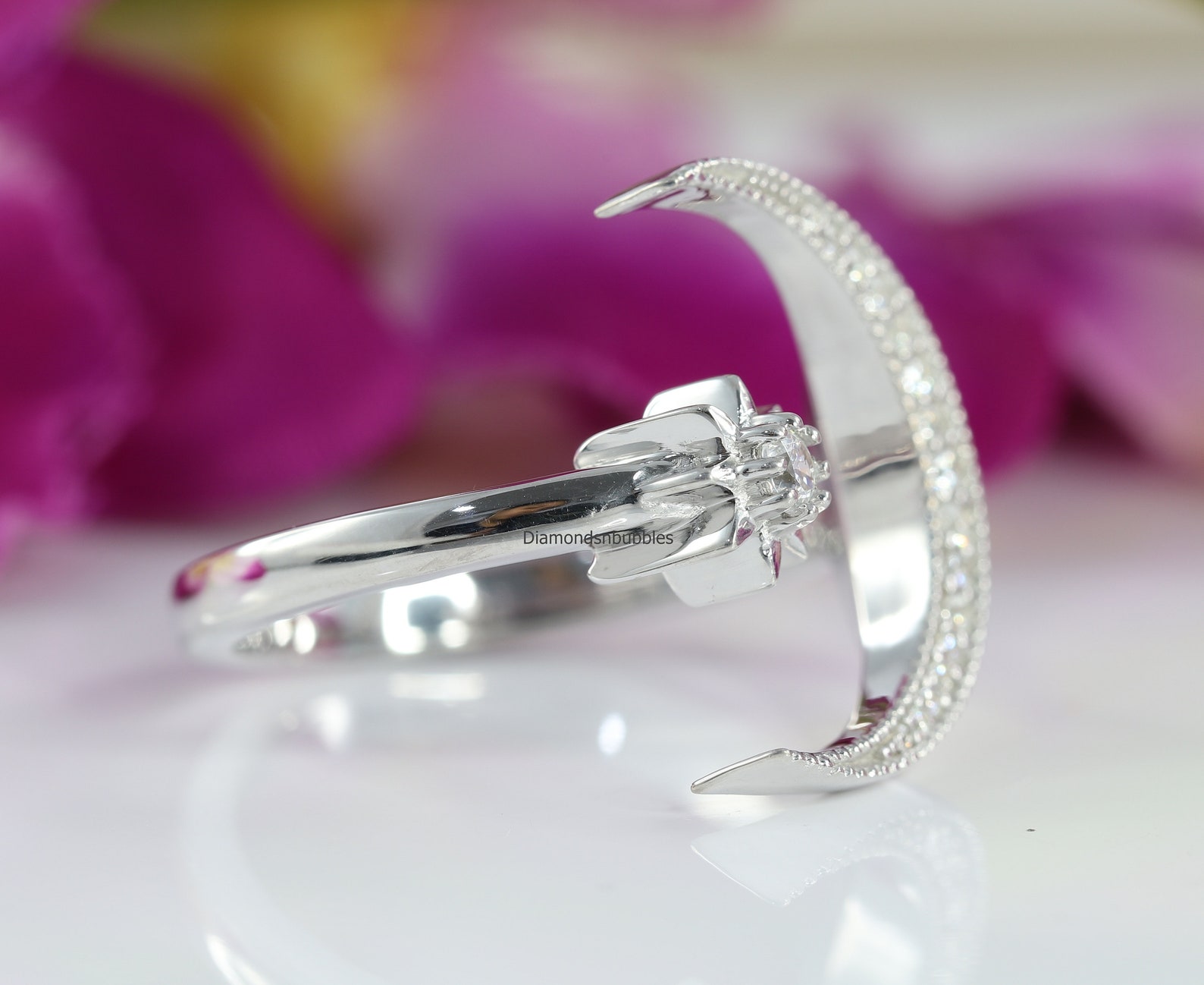 Diamond Crescent Moon and Star Adjustable Open Ring in Etsy