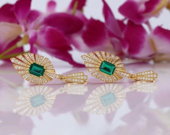Art Deco Emerald Earrings, Simulated Diamond Drop Earrings, Green Emerald Earrings, Statement Dangle Earrings, Art Deco Jewelry