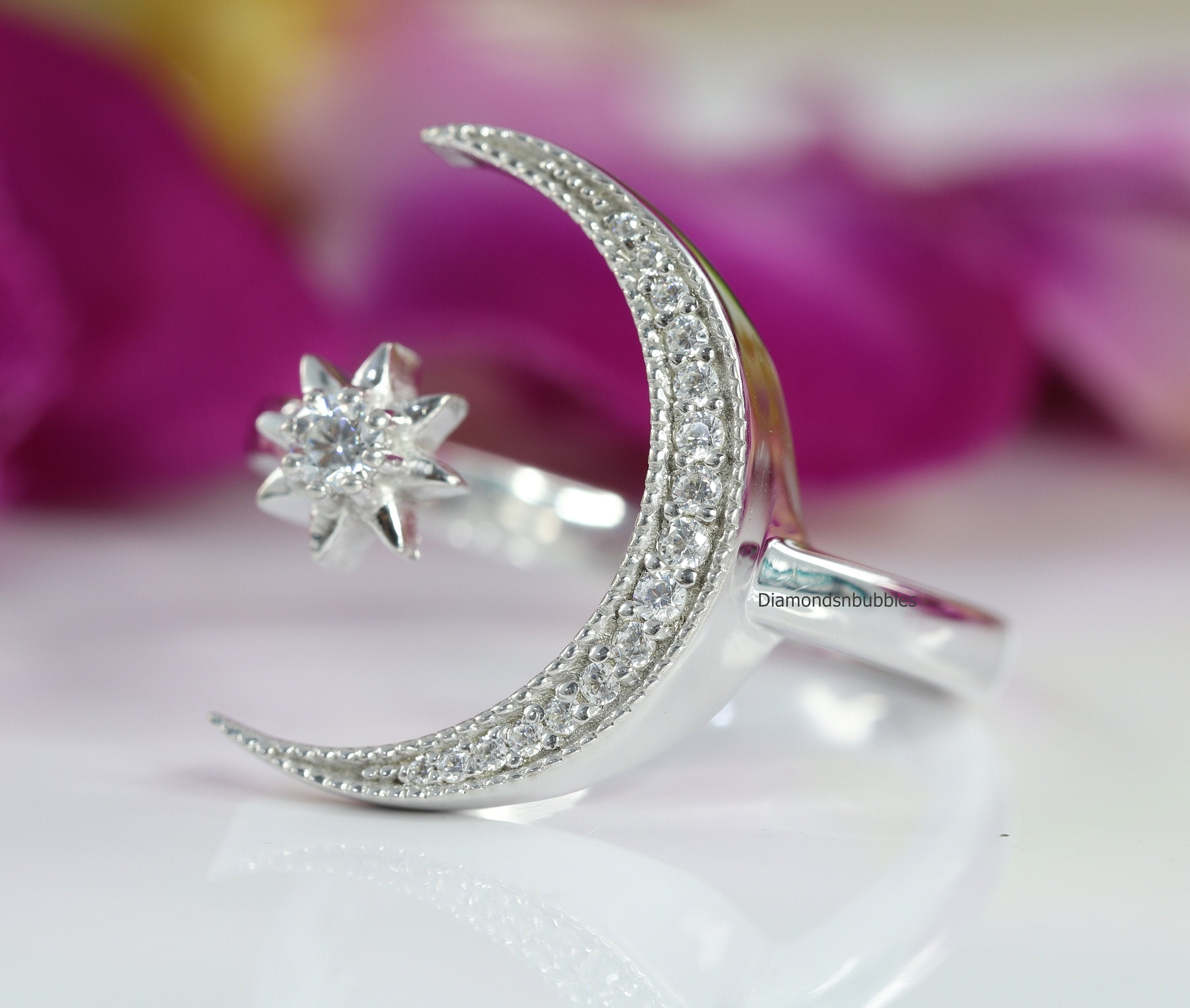 Diamond Crescent Moon and Star Adjustable Open Ring in Etsy