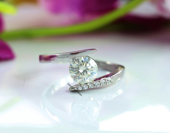 Round Moissanite Solitaire Ring, Tension Set Engagement Ring