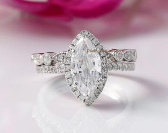 2.00 CT Marquise Cut Diamond Bridal Set Halo Engagement Ring Set, Milgrain Art Deco Bridal Set Ring, Eternity Band, Wedding Bridal Ring Set