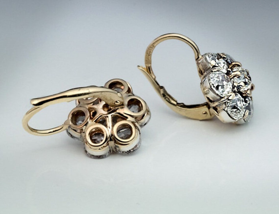 Antique Old European Cut Diamond Cluster Lever Back Earrings Etsy