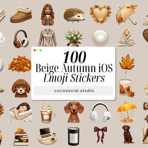 May include: A collection of 100 beige autumn iOS emoji stickers. The stickers include images of fall-themed items such as pumpkins, leaves, coffee, and animals. The stickers are designed in a digital art style.