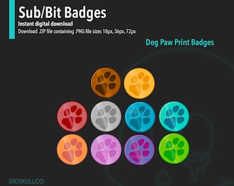 May include: Set of ten digital dog paw print badges in various colors, including red, orange, yellow, green, blue, purple, brown, gray, and pink. The badges are circular and feature a paw print in the center.