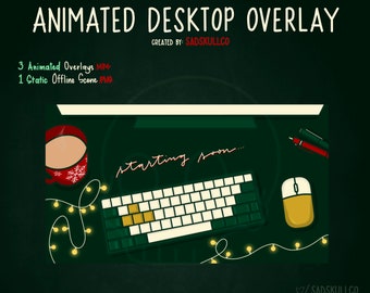 May include: Animated desktop overlay with a green background, a keyboard, a mouse, a mug of hot chocolate, and string lights. The text "starting soon..." is written in cursive on the desktop.