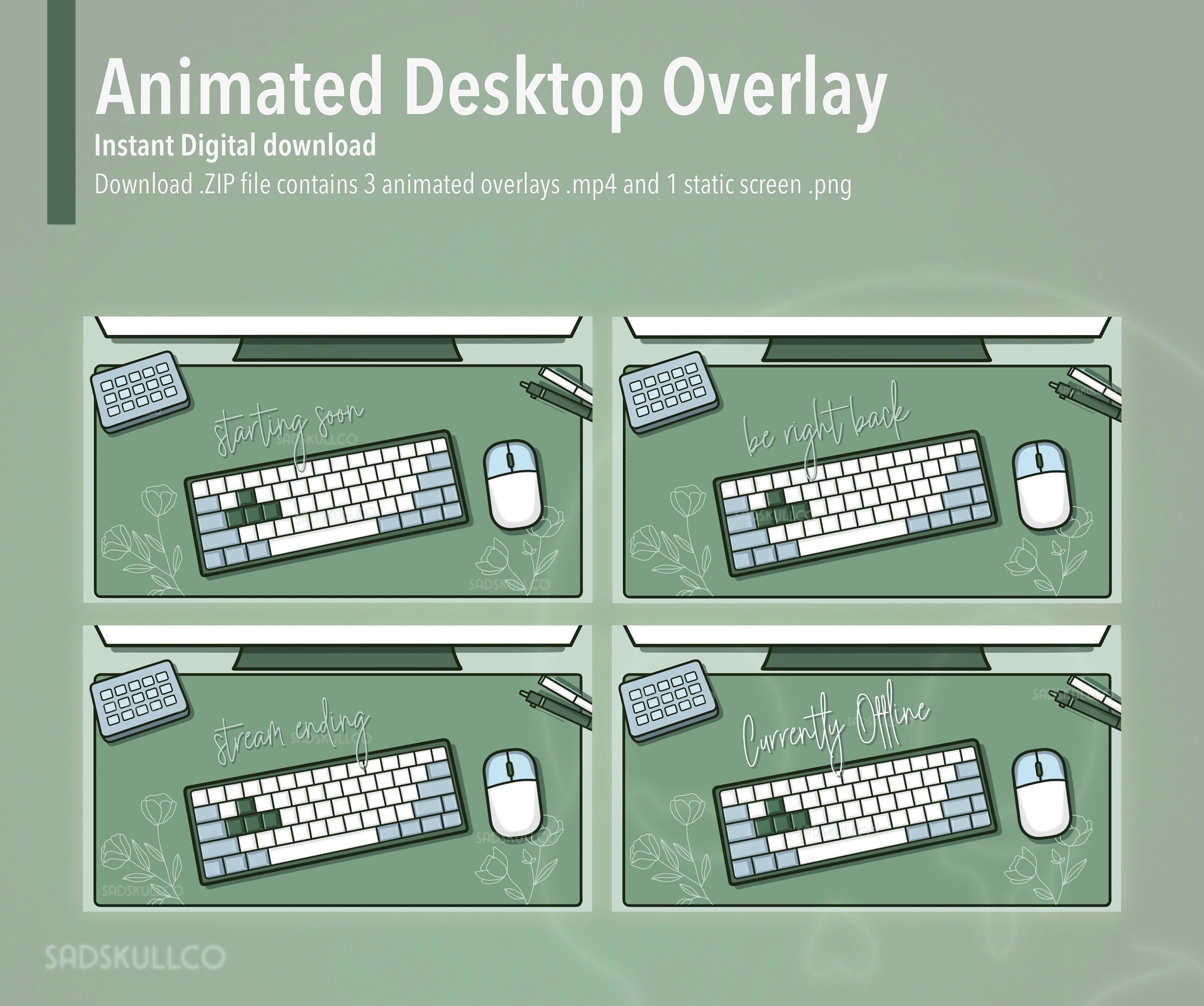 Sage Green Animated Stream Overlay: Lo-fi Plant Desktop Set (digital ...