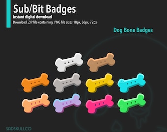May include: A set of 10 dog bone badges in various colors, including orange, gray, yellow, blue, pink, and green. The badges are in the shape of a dog bone and have three small white dots on each side.