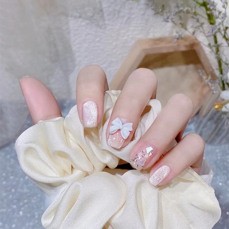 Korean Jelly Nails Pearly Rhinestones Press on Nails-styled in Medium  Almond - Etsy