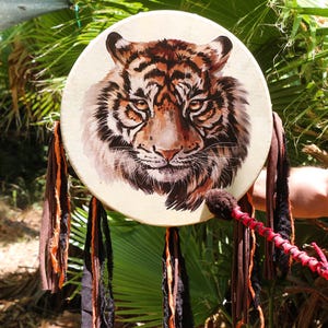 38 cm Handmade Shaman Drum Tiger , Small Ritual Frame Drum with Beater,  Spiritual Tool