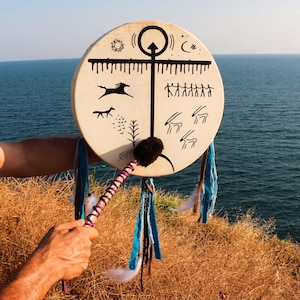 37 cm Handmade Shaman Drum , Small Ritual Frame Drum with Beater , Spiritual Tool