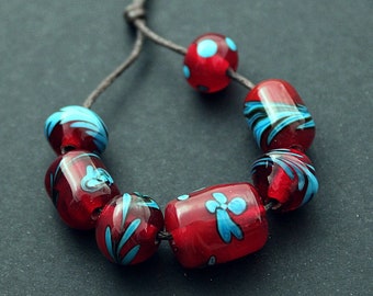 Zuidwestelijke handgemaakte Lampwork kralen set, Turquoise Rode handgemaakte glaskralen, Rode Bloemen Lampwork kralen, Accent kralen Lampwork sieraden kralen