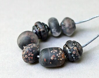 Rustic Matte Handmade Lampwork bead set of 7, Black Brown beach beads, Artisan glass beads for Primitive jewelry, Handmade Tribal beads