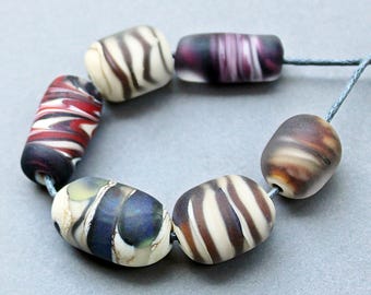 Rustic Matte Handmade Lampwork bead set of 6, Neutral color beach beads, Artisan glass beads for Primitive jewelry, Handmade Tribal beads