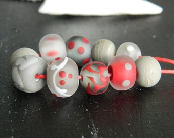 Gray Red Matte Handmade Lampwork beads, Red Gray Etched Glass beads, Handmade beads for jewelry
