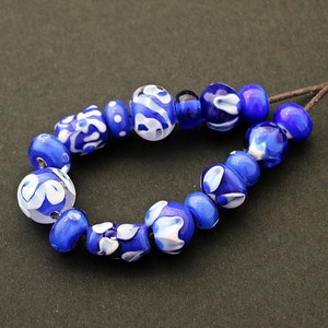 Blue Handmade Lampwork beads set of 16, Cornflower Blue handmade glass beads, Romantic glass jewelry beads, Artisan Murano glass beads,