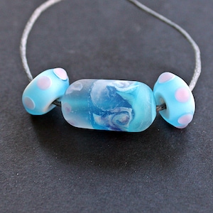 Pink Blue MATTE Handmade Lampwork beads set with Focal, Handmade Glass Beach bead, Handmade Glass beads, Beach jewelry beads, Murano glass