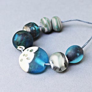 Rustic Matte Handmade Lampwork bead set of 7, Blue beach beads, Art glass beads for Beach jewelry, Handmade Sea glass beads, Sea beads
