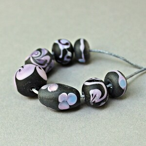 Black Purple Handmade Lampwork beads set of 7, Romantic Handmade Glass beads for jewelry making, Focal beads Artisan made Murano glass beads