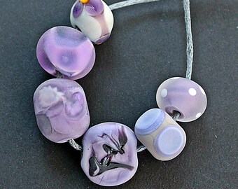 Juego de 6 cuentas de Murano moradas hechas a mano, cuentas mate, cuentas de vidrio moradas hechas a mano, cuentas de vidrio artesanales para hacer joyas, cuentas de playa lavanda