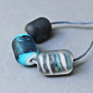 Rustic Matte Handmade Lampwork bead set of 3, Blue beach beads, Art glass beads for Primitive jewelry, Handmade Tribal beads, Sea beads
