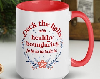 Deck the Halls with Healthy Boundaries Mug for Therapist | Funny Christmas Gift for Counselor | Holiday Mental Health Advocacy